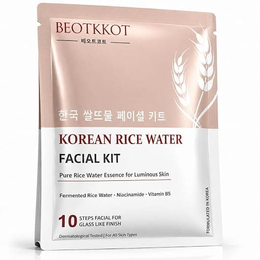 BEOTKKOT Korean Rice Water Facial Kit | 10-Step Facial Kit with 11 Sachets for 2 time Uses | Fermented Rice Water, Niacinamide, Sea Algae & Vitamin B5 | Instant Glow, Brightening, De-Tan & Deep Hydration | Dermatologically Tested | For All Skin Types