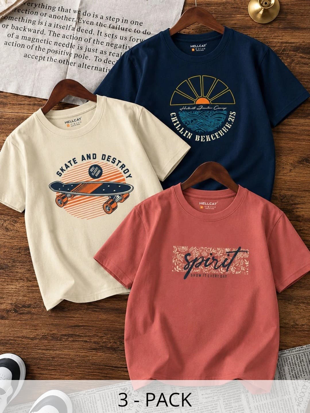 HELLCAT Boys Pack Of 3 Printed Cotton T-shirt