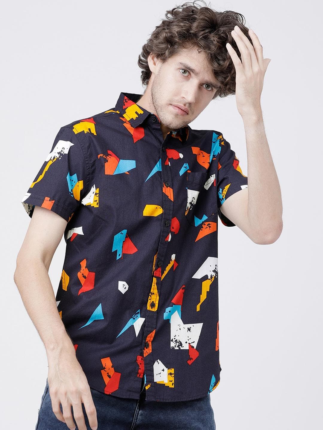 LOCOMOTIVE Men Navy Blue Slim Fit Printed Cotton Casual Shirt - Apparel for Men