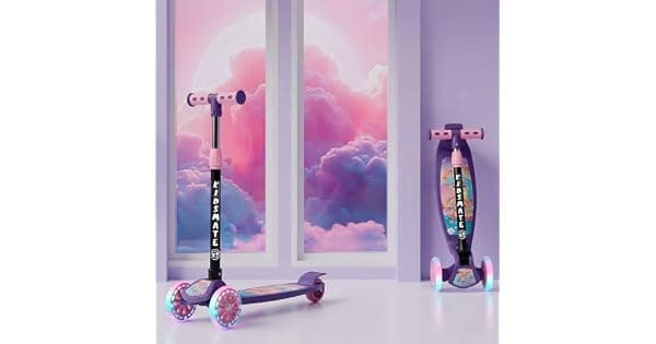 Kidsmate Flashwheel Kick Scooter for Kids with LED Wheels 3Wheel Skate Scooter for Boys Girls of Ages 212 Years 5Level Adjustable Height and Easy Fold Design Scooter for Kids Pink Purple