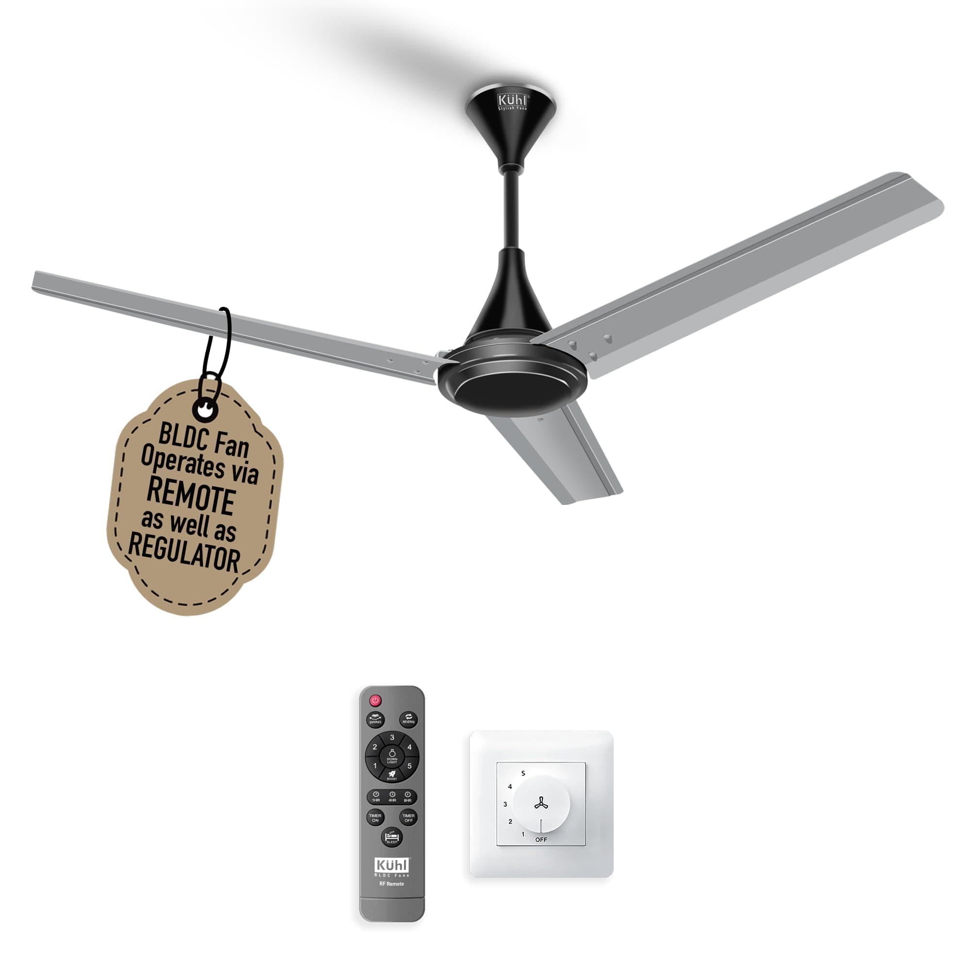 KUHL Fest B1 1200mm BEE 5-Star BLDC Ceiling Fan | 28W Energy Saving (Up to 65%) | High Airflow & Low Noise | Remote as well as Regulator Operated | 5 Year Motor Warranty | ISI Marked (Silver Mist)