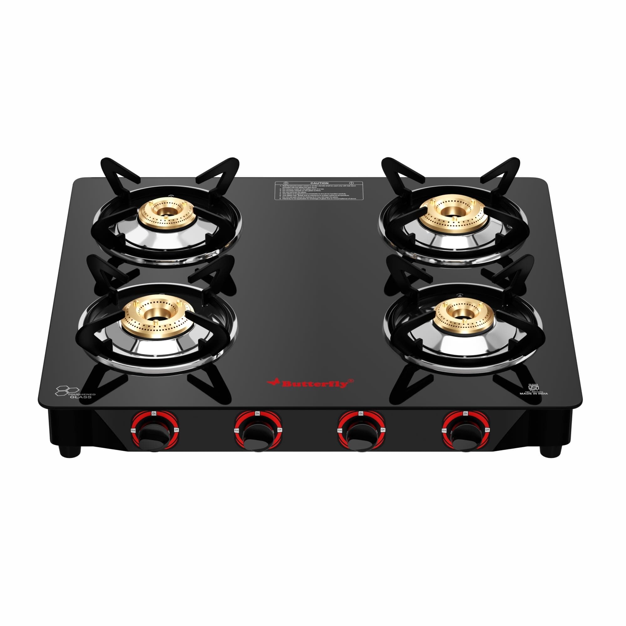 Butterfly Smart 4 Burner Glass Top Gas Stove with Manual Ignition | Scratch Resistant Toughened Glass | High-efficiency Brass Burners | Skid-proof Legs | Black