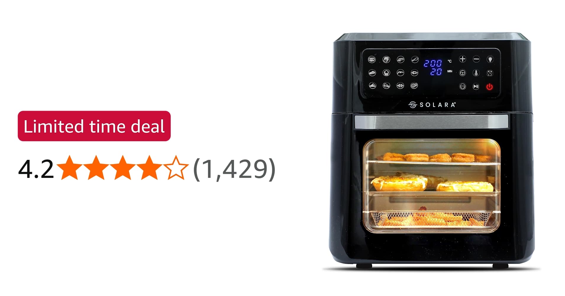 SOLARA 12L Air Fryer Oven for Home Kitchen, 1800W OTG Air Fryer Oven 12 Litre with 12 Presets, 9 Accessories, Grill, Roast, Bake, Reheat, AirFryer OTG, XX-Large, Recipe E-book, 1 Year Warranty, Black