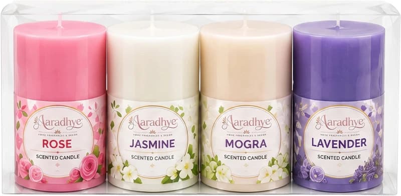 Aaradhye Home Fragrances & Decor Mix Scented Pillar Candle | Smokeless Decorative Candle for Home Decor Candle Price in India
