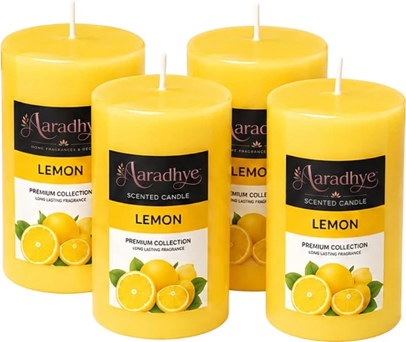 Aaradhye Home Fragrances & Decor Lemon Scented Pillar Candles | Long Lasting Smokeless Aroma Candles Candle Price in India